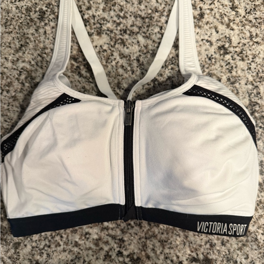 White and Black VS zip front Sports Bra